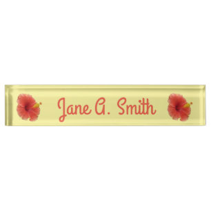 Orange Hibiscus Flower Tropical Floral Desk Name Plate