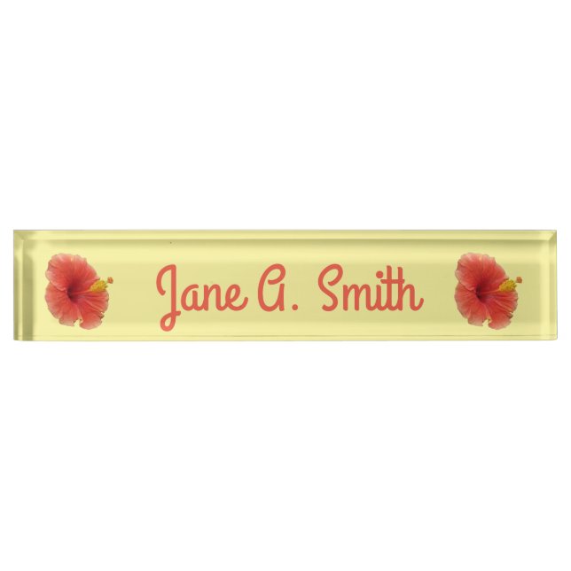 Orange Hibiscus Flower Tropical Floral Desk Name Plate (Front)
