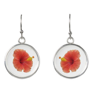 Orange Hibiscus Flower Tropical Floral Earrings