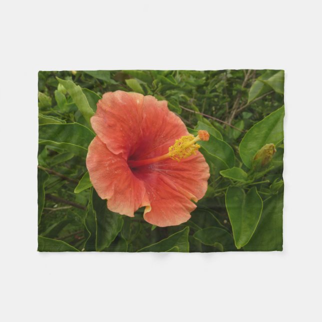 Orange Hibiscus Flower Tropical Floral Fleece Blanket (Front (Horizontal))