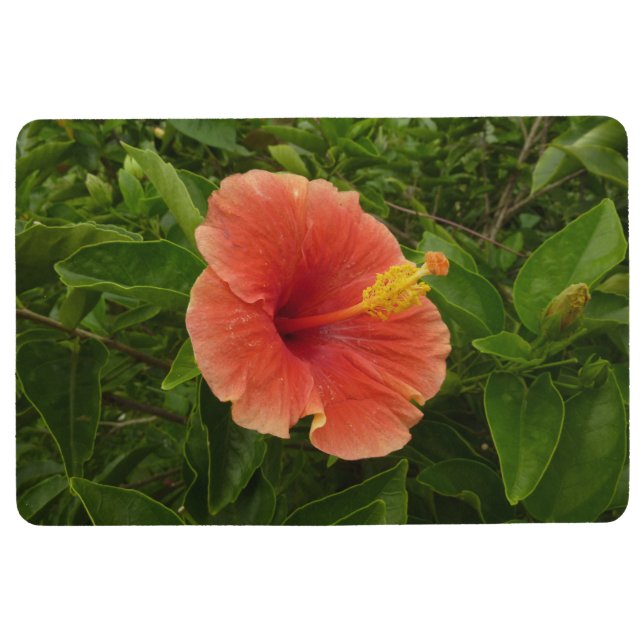 Orange Hibiscus Flower Tropical Floral Floor Mat (Front)