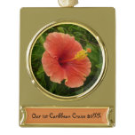 Orange Hibiscus Flower Tropical Floral Gold Plated Banner Ornament
