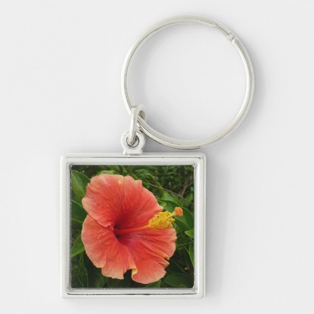 Orange Hibiscus Flower Tropical Floral Keychain (Front)