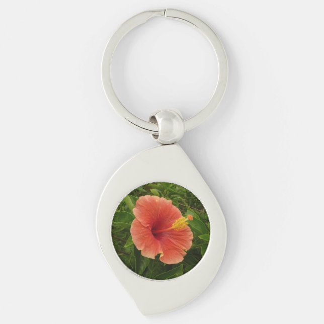 Orange Hibiscus Flower Tropical Floral Keychain (Front)