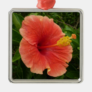 Orange Hibiscus Flower Tropical Floral Metal Ornament