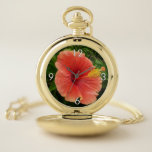 Orange Hibiscus Flower Tropical Floral Pocket Watch