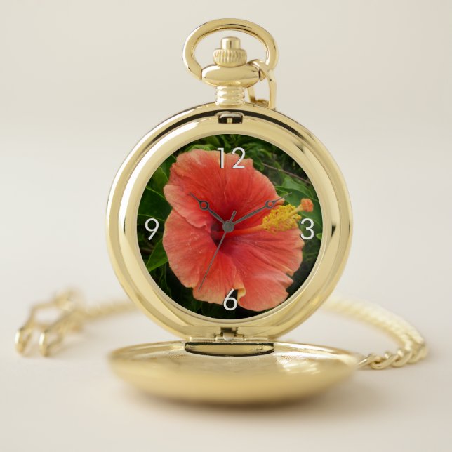 Orange Hibiscus Flower Tropical Floral Pocket Watch (Inside)
