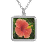 Orange Hibiscus Flower Tropical Floral Silver Plated Necklace