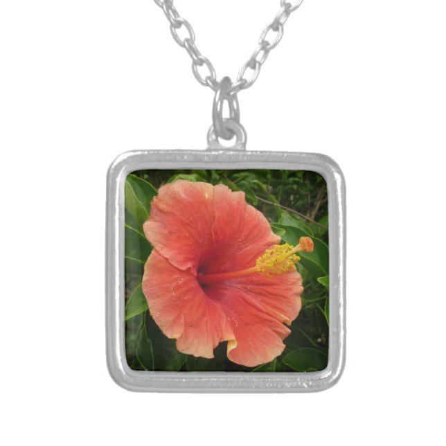 Orange Hibiscus Flower Tropical Floral Silver Plated Necklace (Front)