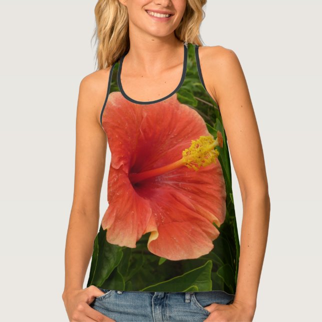 Orange Hibiscus Flower Tropical Floral Tank Top (Front)