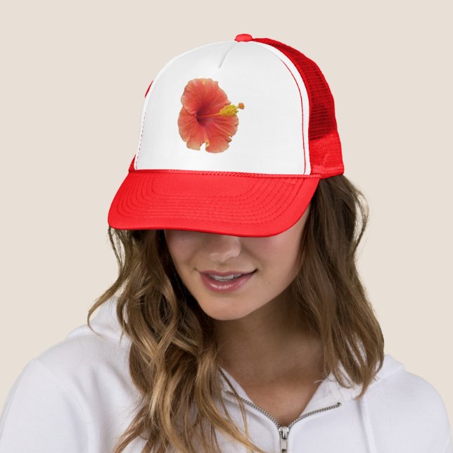 Orange Hibiscus Flower Tropical Floral Trucker Hat (In Situ)