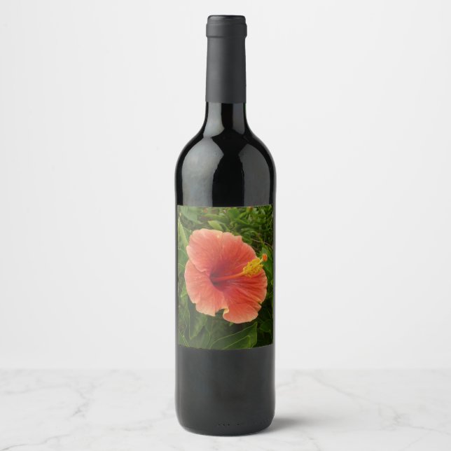 Orange Hibiscus Flower Tropical Floral Wine Label (Front)