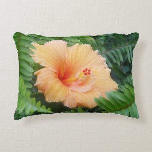 Orange Hibiscus Flower with Ferns Accent Pillow