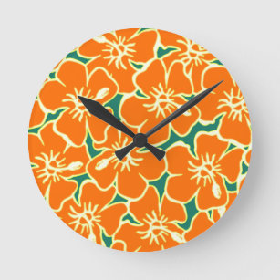 Orange Hibiscus Flowers Tropical Hawaiian Clock