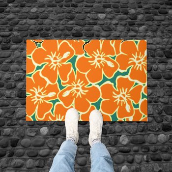Orange Hibiscus Flowers Tropical Hawaiian Decor Doormat by machomedesigns at Zazzle