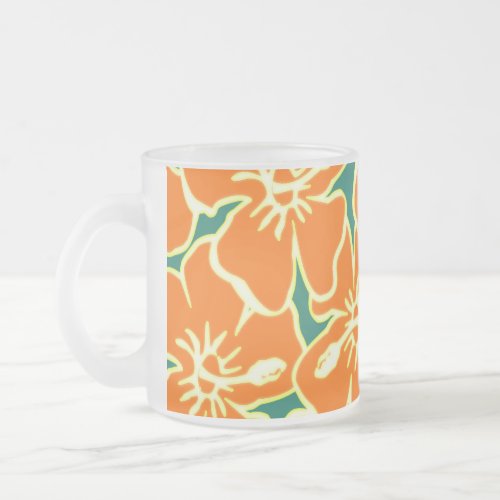 Orange Hibiscus Flowers Tropical Hawaiian Luau Frosted Glass Coffee Mug