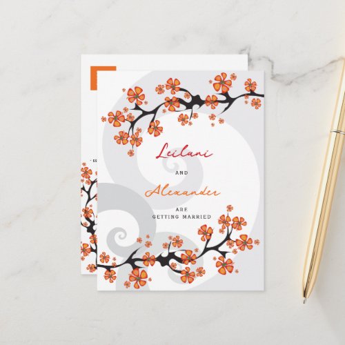 Orange Hibiscus Grey Swirls Tropical Save The Date Announcement Postcard