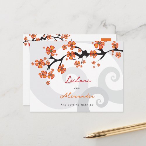 Orange Hibiscus Grey Swirls Tropical Save The Date Announcement Postcard