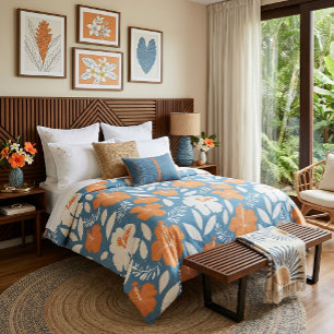 Orange Hibiscus on Blue pattern Duvet Cover
