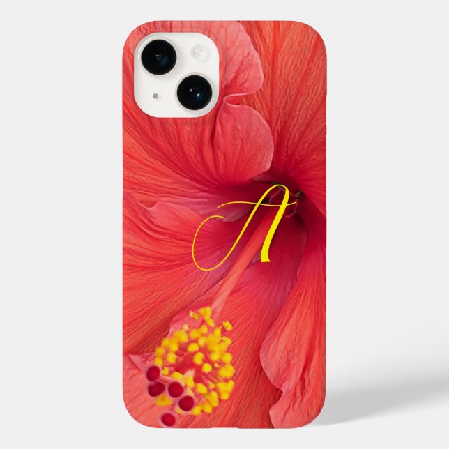 Orange Hibiscus Photo with Elegant Initial Script Case-Mate iPhone Case (Back)