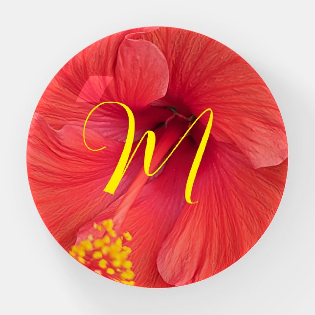 Orange Hibiscus Photo with Fancy Initial Script Paperweight (Front)