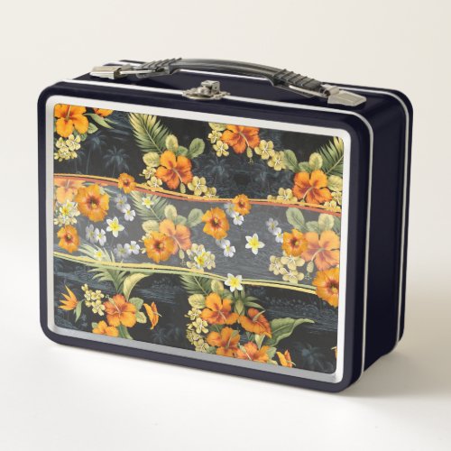 Orange Hibiscus Retro Aloha Shirt Print Metal Lunch Box