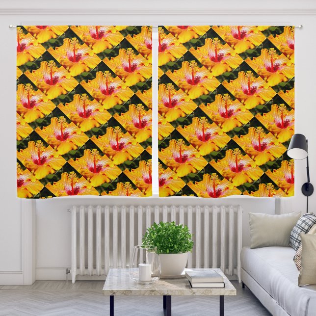 Orange Hibiscus Side View Pattern Blackout Curtains (Living Room)