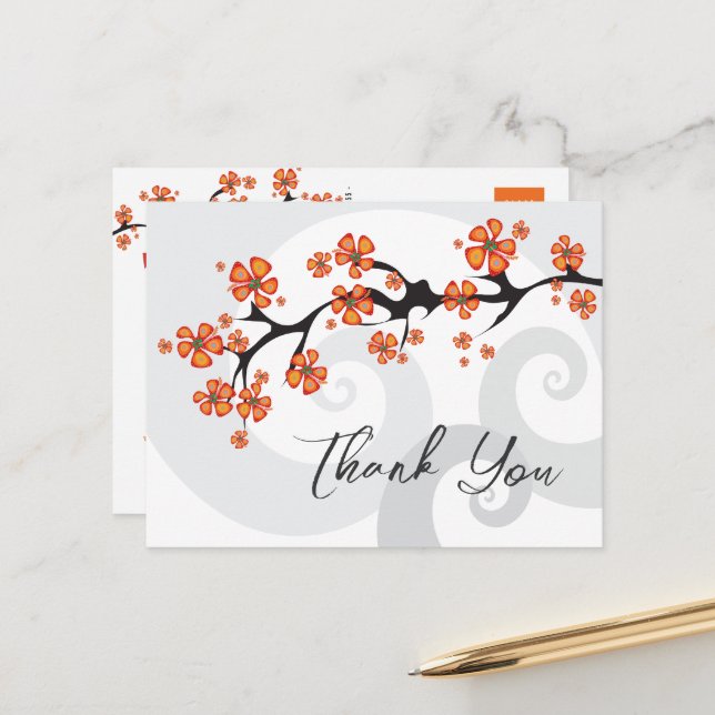 Orange Hibiscus Swirls Tropical Wedding Thank You Postcard (Front/Back In Situ)