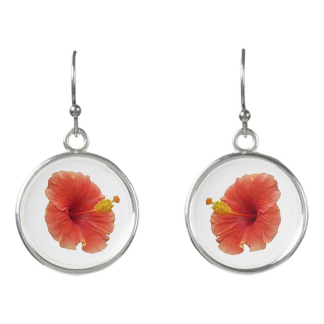 Orange Hibiscus Tropical Flower Earrings (Front)