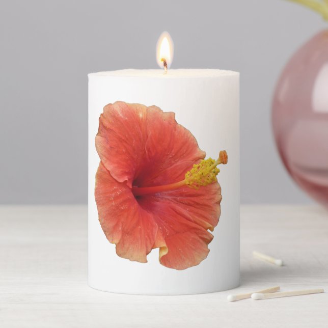 Orange Hibiscus Tropical Flower Pillar Candle (In Situ)
