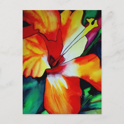 Orange Hibiscus tropical flower watercolor art Postcard