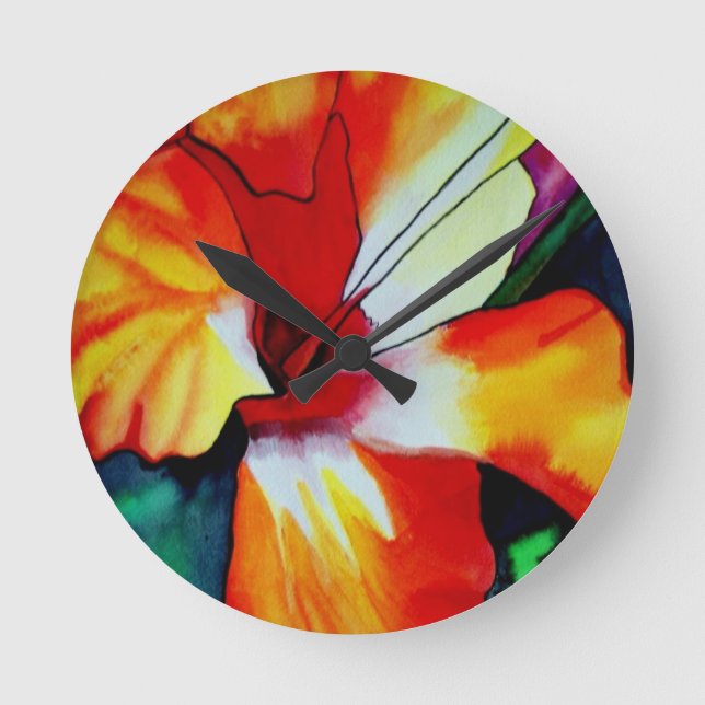 Orange Hibiscus tropical flower watercolor art Round Clock (Front)