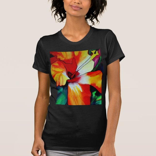 Orange Hibiscus tropical flower watercolor art T-Shirt (Front)