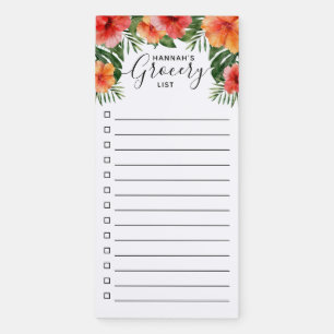 Orange Hibiscus Watercolor Greenery Grocery List Magnetic Notepad