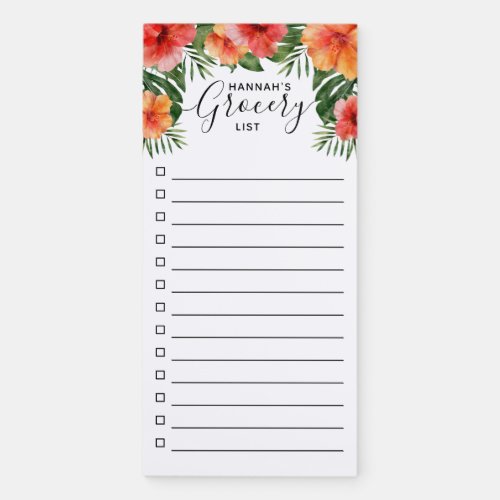 Orange Hibiscus Watercolor Greenery Grocery List Magnetic Notepad