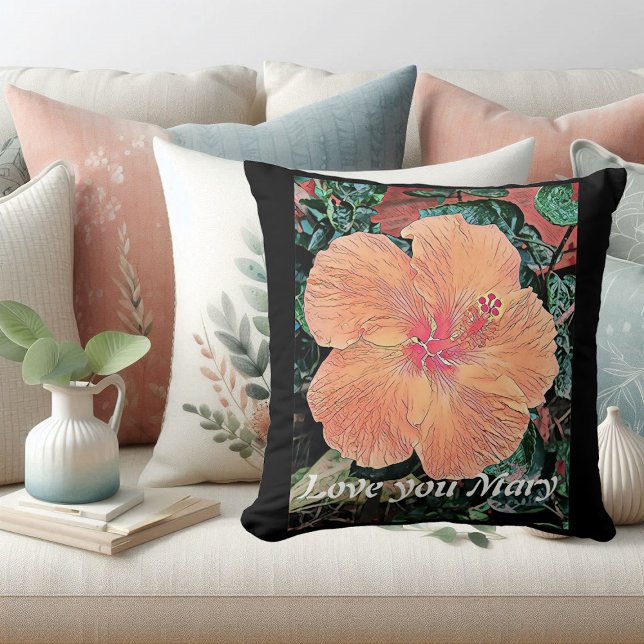 Orange Hibiscus Watercolor  Tropical Flower Bloom Throw Pillow (Orange Hibiscus Watercolor Tropical Flower Bloom Throw Pillow)