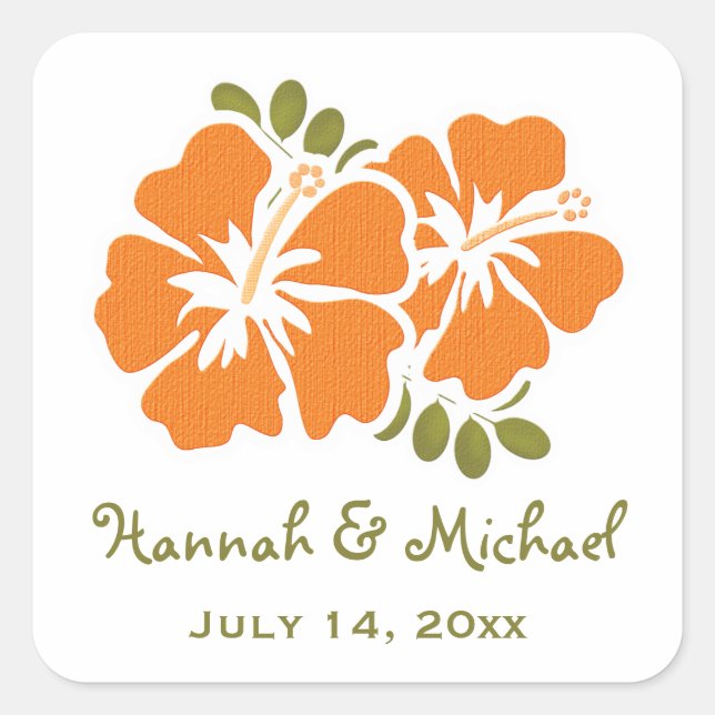 Orange Hibiscus Wedding Favor Sticker Seal (Front)