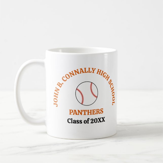 Orange High School Baseball Player Personalized Coffee Mug (Left)