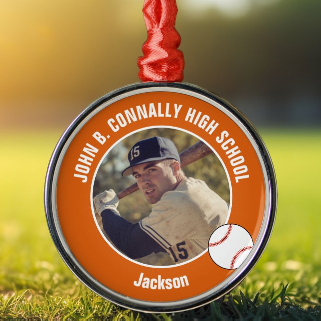 Orange High School Baseball Player Photo Christmas Metal Ornament (Creator Uploaded)