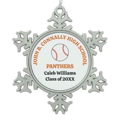 Orange High School Baseball Team Personalized Snowflake Pewter Christmas Ornament