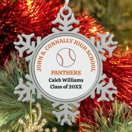 Orange High School Baseball Team Personalized Snowflake Pewter Christmas Ornament