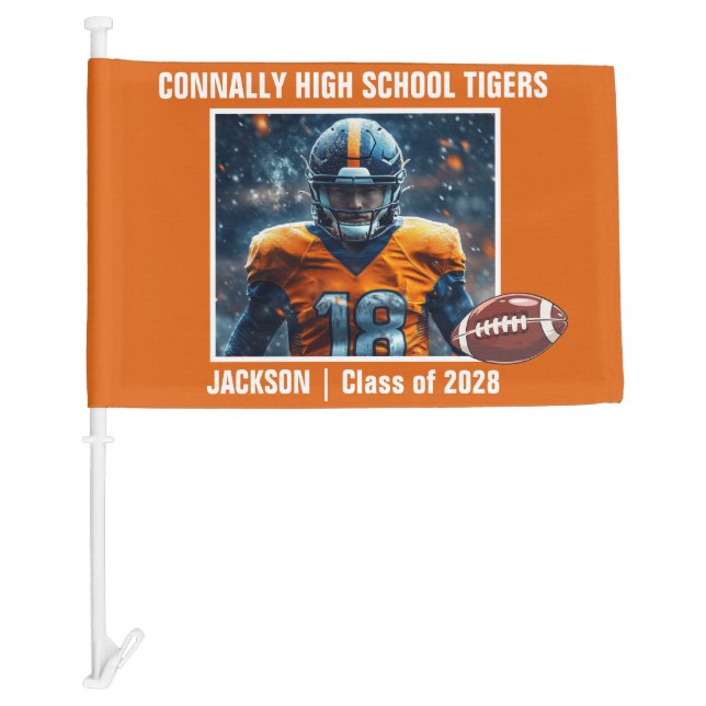 Orange High School Football Player Photo Car Flag (Front)
