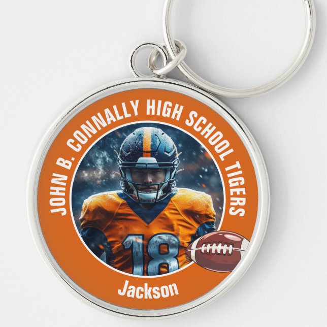 Orange High School Football Player Photo Keychain (Front)