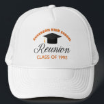 Orange High School Reunion Party Custom Alumni Trucker Hat<br><div class="desc">A classic custom class reunion hat for alumnus in orange and black typography for a high school,  college,  or university. Customize with your school name and graduating class for great personalized alumni celebration keepsake gifts.</div>