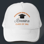 Orange High School Reunion Party Custom Alumni Trucker Hat<br><div class="desc">A classic custom class reunion hat for alumnus in orange and black typography for a high school,  college,  or university. Customize with your school name and graduating class for great personalized alumni celebration keepsake gifts.</div>