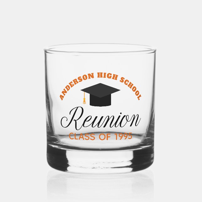 Orange High School Reunion Party Custom Alumni Whiskey Glass (Front)