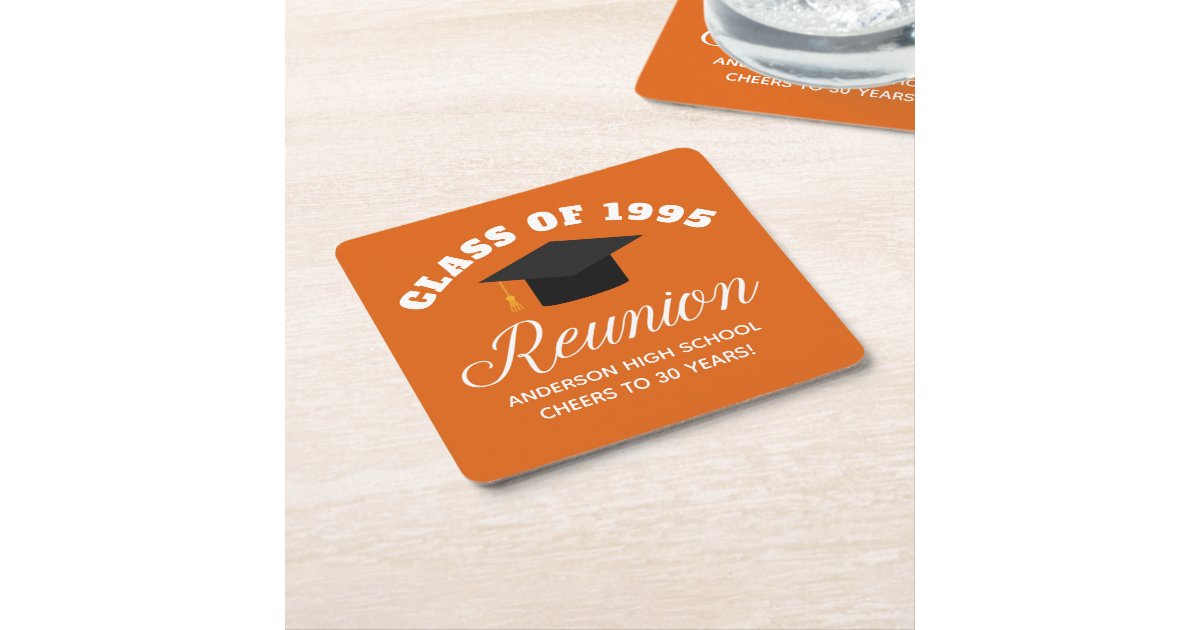 Orange High School Reunion Personalized Party Square Paper Coaster | Zazzle