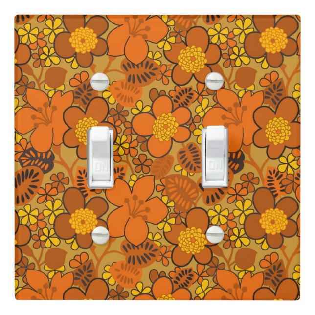 Orange Hippy Flower Pattern, Retro Light Switch Cover (In Situ)