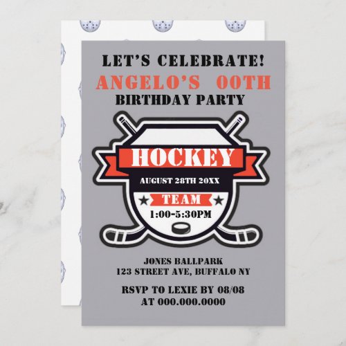 Orange Hockey Theme Birthday Party Invites