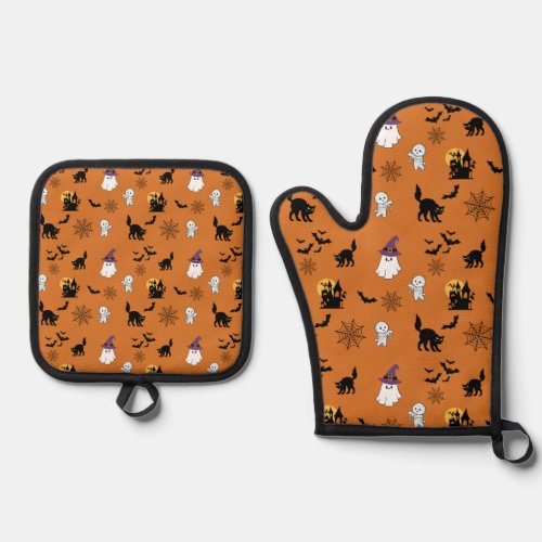 Orange Home Decor Ghosts Halloween Oven Mitt & Pot Holder Set